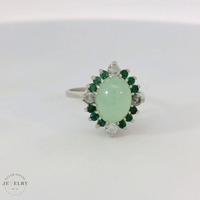 14K White Gold Oval Jadeite Emerald and Diamond Ring 