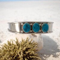 Silver 3 Stone Turquoise Open Bangle 3.5" Wide