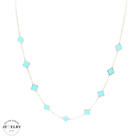 14KT Necklace Light Blue Clover Cable Link 17 Inches Yellow Gold 