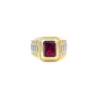 Men's 14k yellow gold, signet ring decorated with synthetic ruby, size 10, 6.4g