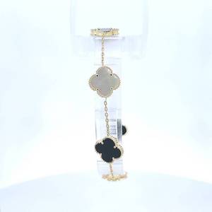  14K Yellow Gold 7.5" Mother of Pearl & Onyx Clover Bracelet 