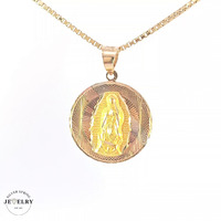 14KT Lady of Guadalupe Pendant, Tricolor, Diameter 20mm (CHAIN IS NOT INCLUDED)