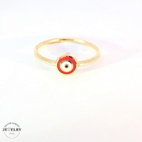 14KT Red Evil Eye Fancy Ring Yellow Gold, Size 6