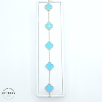 14KT Turquoise Clover Cable Link Bracelet Yellow Gold 1.5 Inches