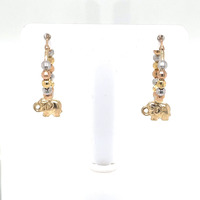 10kt Tri-Color Diamond Cut Beaded Hoop Earrings W/Dangling Elephant