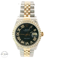 Rolex Two-Tone Datejust Watch with Diamond Bezel, 36mm, featuring a Black Roman 