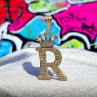 14Kt CZ Letter "R" w/ Crown Pendant