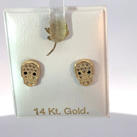 14K Yellow Gold Skull CZ Earrings