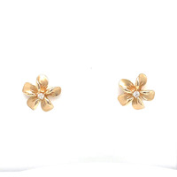  14k Yellow Gold Flower Stud Earrings W/Diamond