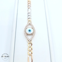  14KT Evil Eye Figaro Link Bracelet Tricolor 7.5 Inches