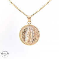 14KT Lady of Guadalupe Pendant, Diameter 19mm, Tricolor (CHAIN IS NOT INCLUDED)