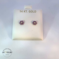 14k Yellow Gold Purple Flower Stud Earrings