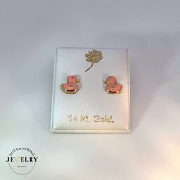 14k Yellow Gold Pink Rubber Duck Stud Earrings