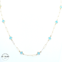14KT Necklace Light Blue Clover Paper Clip Link 17.5 Inches