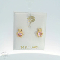 14K Yellow Gold 8.5mm Teddy Bear Stud Earrings with Round Pink CZ