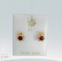 14K Yellow Gold 8.5mm Teddy Bear Stud Earrings with Round Red CZ