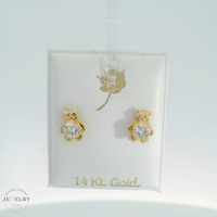 14K Yellow Gold 8.5mm Teddy Bear Stud Earrings with Round White CZ