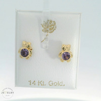 14K Yellow Gold 8.5mm Teddy Bear Stud Earrings with Round Purple CZ