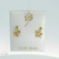 14k Yellow Gold 9.5mm Snake Stud Earrings with Green CZ with Screw Back