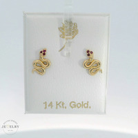 14k Yellow Gold 9.5mm Snake Stud Earrings with Red CZ with Screw Back