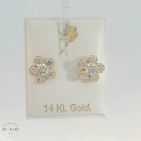 14K Yellow Gold Flower Stud Earrings with White CZ With Screw Back 1/2 in.
