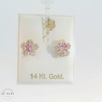  14K Yellow Gold Flower Stud Earrings with Pink CZ With Screw Back 1/2 in.