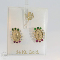 14K Yellow Gold Virgin Stud Earrings w/ Green & Pink CZ with Screw Backs 12mm