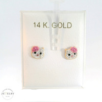 14K Yellow Gold Hello Kitty Stud Earrings Pink CZ with Screw Backs 6mm