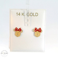 14K Yellow Gold Red Bow Minnie Mouse Stud Earrings with Screw Backs 8mm