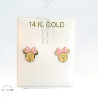 14K Yellow Gold Pink Bow Minnie Mouse Stud Earrings with Screw Backs 8mm