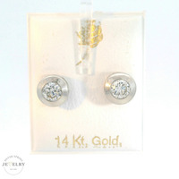 14K White Gold Round Stud Earrings with White CZ Push Back 8mm