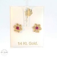 14K Yellow Gold Flower Stud Earrings with Red CZ with Screw Backs 7mm