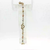 14K Tri Color Gold Heart & Bead Link Bracelet 8in 3.5gm