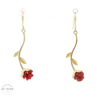 14K Yellow Gold Dangle Rose Earrings 1.5in 2.7gm