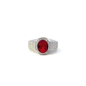 Silver Signet Ring, Synthetic Ruby & CZ Accents, Size 12