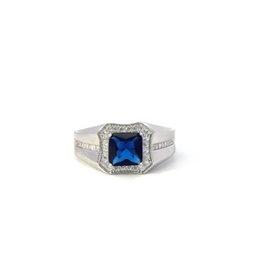 Silver Signet Ring, Synthetic Sapphire & CZ Accents, Size 12