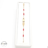 14KT Baby ID Cable Coral Beads Bracelet Yellow Gold, 6 Inches